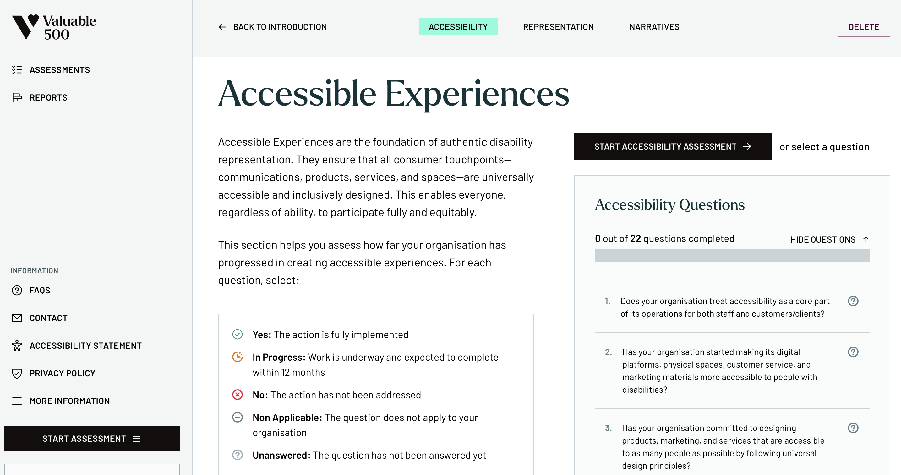 Valuable 500 assessment dashboard page for “Accessible Experiences,” explaining accessibility as the foundation of authentic disability representation and showing 22 accessibility assessment questions with progress tracking.