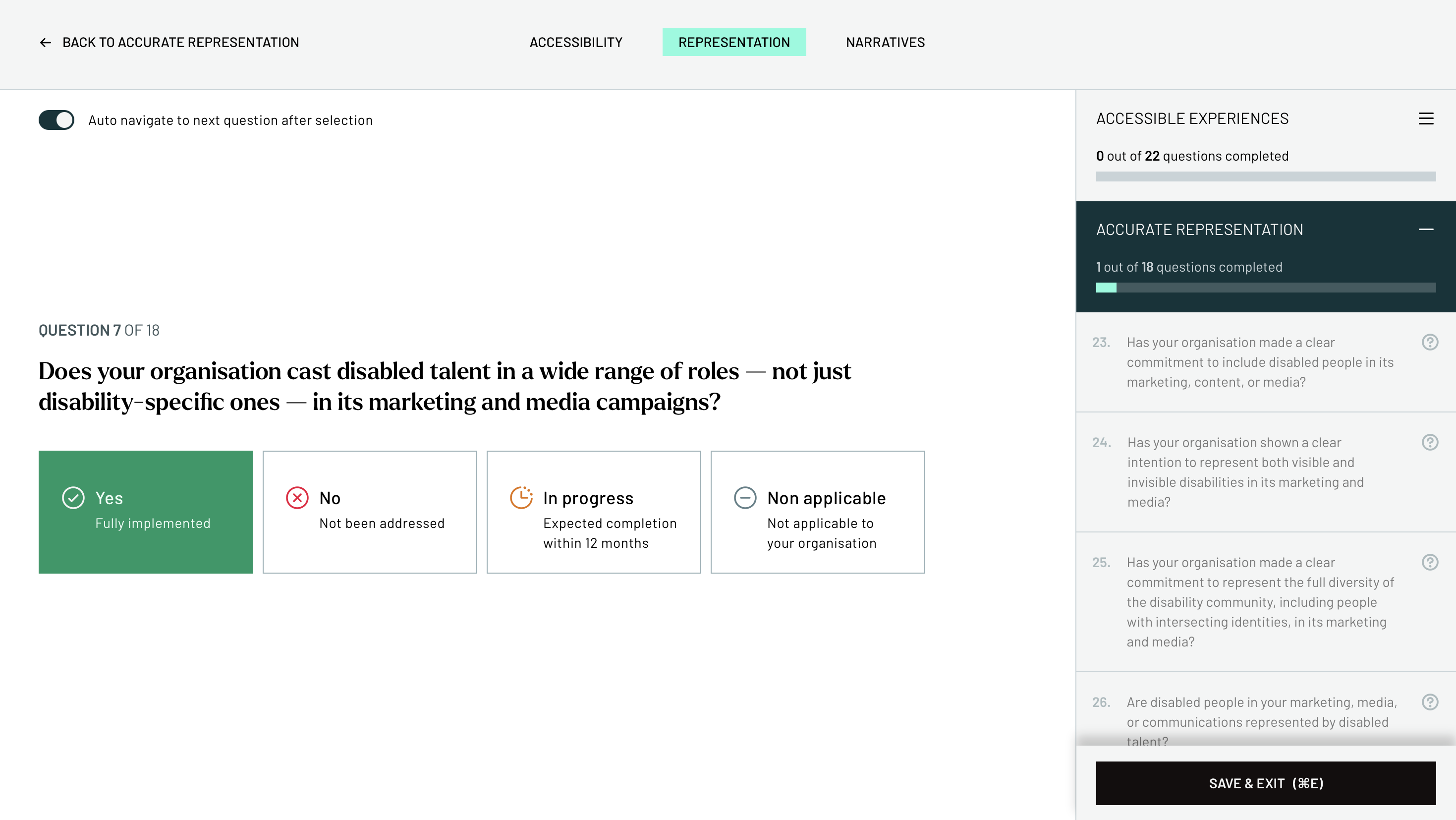 The Valuable 500 assessment question in the “Representation” section asks whether an organization casts disabled talent in a wide range of roles in marketing and media, with “Yes” selected and progress shown for the Accurate Representation category.