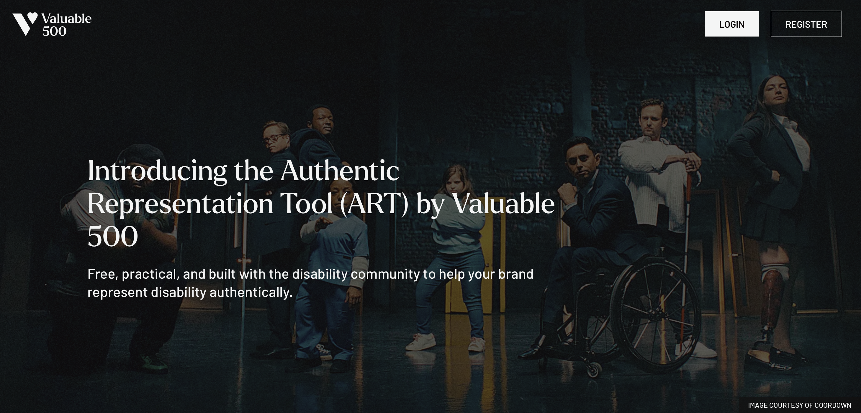 Valuable 500 homepage banner promoting the Authentic Representation Tool (ART), featuring a diverse group of disabled people posed confidently in a dark studio setting. Text highlights ART as a free tool built with the disability community to help brands represent disability authentically. Login and Register buttons appear in the top right.
