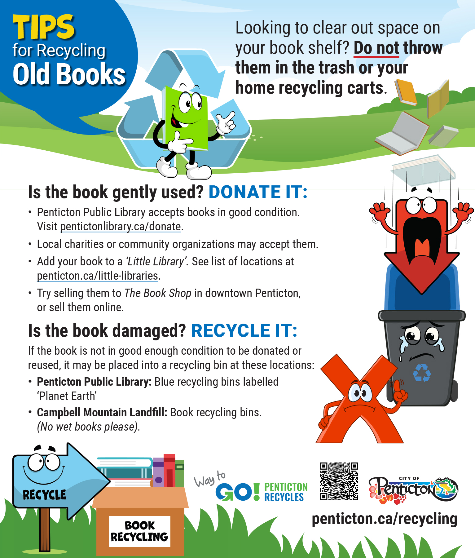 A colorful recycling tips poster for recycling old books. It provides guidance on donating gently used books to the Penticton Public Library, selling them to a 'Little Library,' or recycling damaged books at specified locations. Includes contact information and website links. A colorful recycling tips poster for recycling old books. It provides guidance on donating gently used books to the Penticton Public Library, selling them to a 'Little Library,' or recycling damaged books at specified locations. Includes contact information and website links.