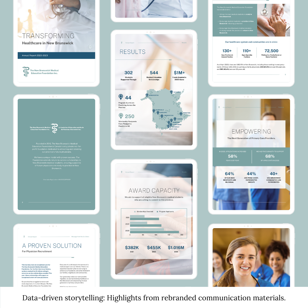 Collage of various rebranded communication materials showcasing healthcare information. Includes statistics, charts, a map, a doctor writing notes, and a smiling healthcare worker. Text at the bottom reads: "Data-driven storytelling: Highlights from rebranded communication materials. Collage of various rebranded communication materials showcasing healthcare information. Includes statistics, charts, a map, a doctor writing notes, and a smiling healthcare worker. Text at the bottom reads: "Data-driven storytelling: Highlights from rebranded communication materials.