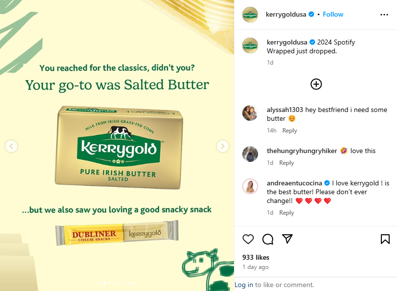 An Instagram image from Kerrygold parodying Spotify Wrapped, saying 'You reached for the classics, didn't you? Your go-to was Salted Butter ... but we also saw you loving a good snacky snack." Gold background with butter product placed prominently in the center. A small snack below it, and a green illustrated cow in the bottom right corner. 